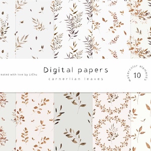 Papeles digitales bohemios con acuarela, hojas marrones, patrones sin costuras, fondo para álbumes de recortes digitales, decoración de guardería, patrón de hojas secas de otoño png jpg