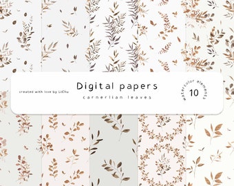 Boho Digital Papers Watercolor Brown Leaves Seamless Patterns Digital Scrapbooking Background Nursery Decor Dry Autumn Leaf Pattern png jpg