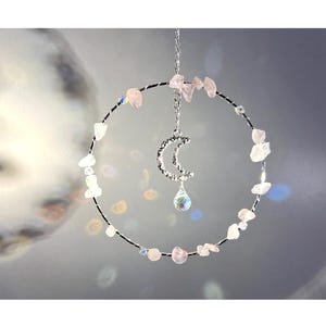 Campanas de cuarzo rosa y luna - Atrapasol de cristal - Jardín de hadas zen al aire libre