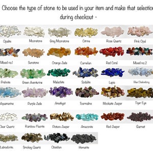 May include: A chart of 20 different types of stones, each with a small pile of stones in a different color. The stones are labeled with their names, such as Opal, Moonstone, Citrine, Rose Quartz, and Pink Opal.
