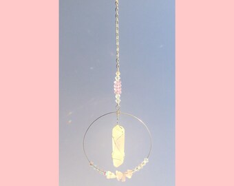 Crystal Quartz Point Mobile Sun Catcher with Natural Stone Chips - Window Garden and Outdoor Wall Hanging