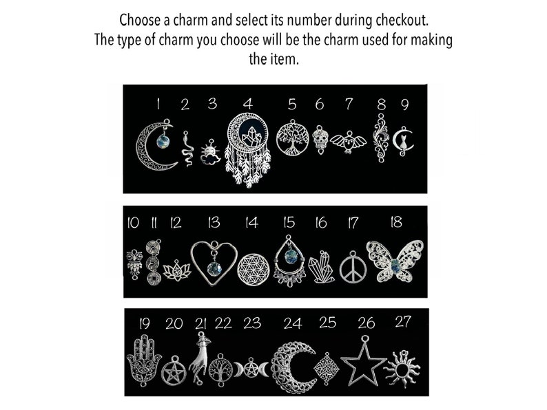 May include: A selection of 27 silver charms with various designs, including a crescent moon, a dreamcatcher, a tree of life, a skull, an owl, a butterfly, a heart, a lotus flower, a peace sign, a sun, a star, and a hand with an eye. The charms are numbered 1 through 27.