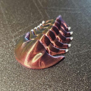 Puede incluir: Un modelo impreso en 3D de un trilobites, un artrópodo marino prehistórico. El modelo está hecho de plástico iridiscente morado y dorado.