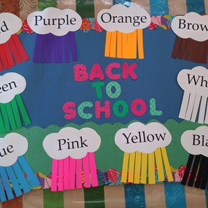 Quadros de avisos de professores para salas de aula de jardim de infância e pré-escola. O tema é: De volta às aulas / As cores