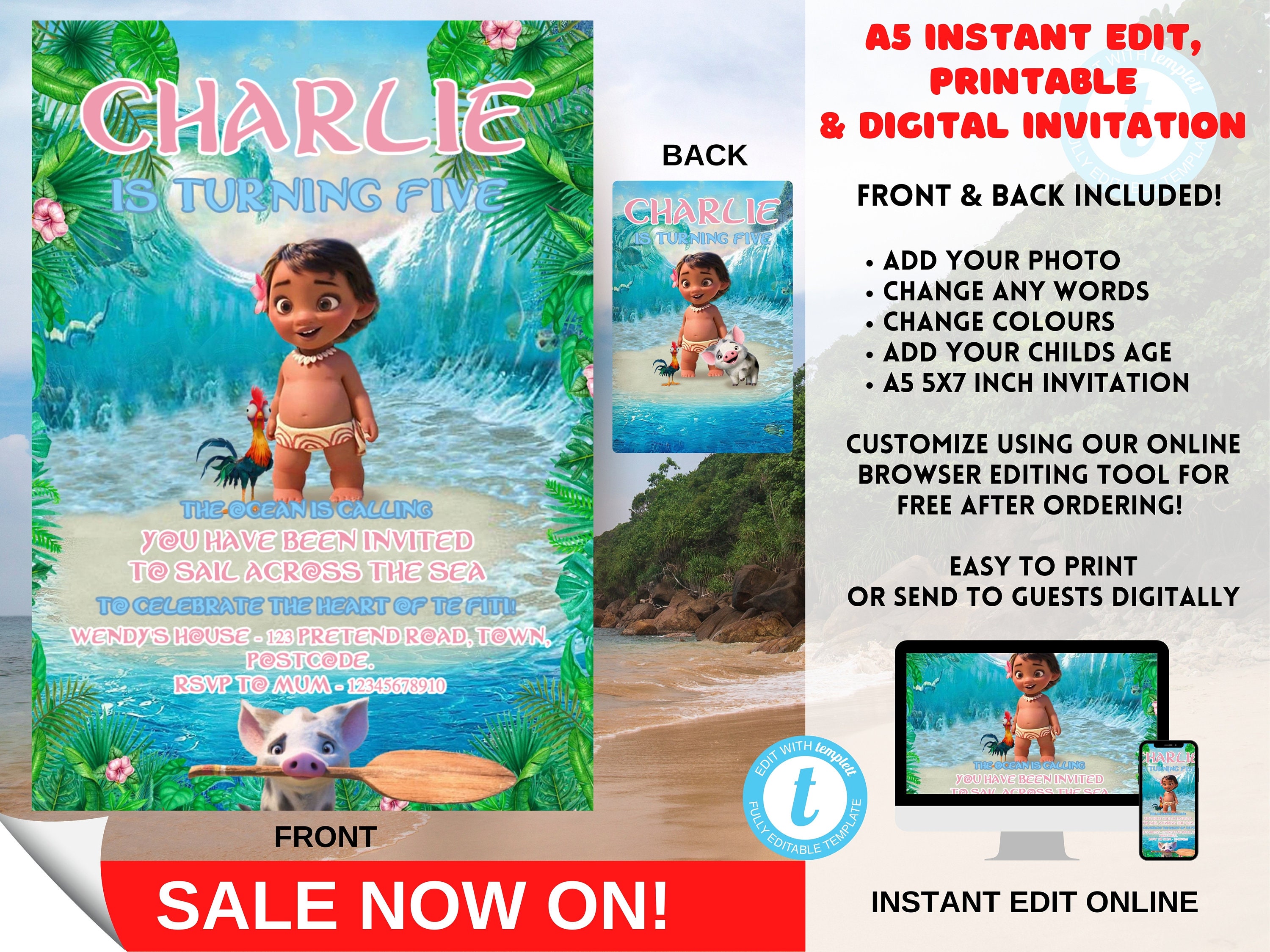 INSTANT Baby Moana Birthday Invitation Girl Electronic Card - Etsy India