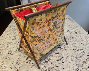 Vintage folding wood and fabric knitting basket