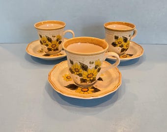Vintage Mikasa Sunny side pattern coffee cups and saucers set of three