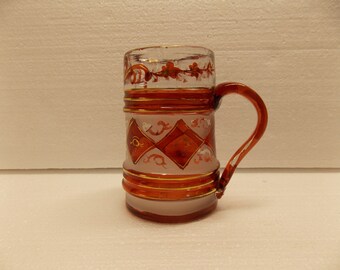 Antique ruby flash mug, hand blown glass,  pontil mark, applied handle