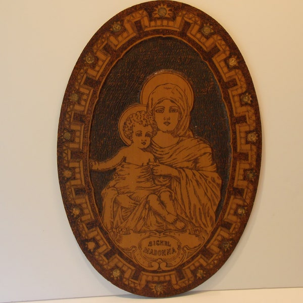 Flemish Art Co. pyrography, Sichel Madonna arts and crafts period