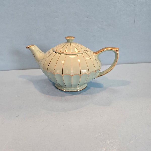 Vintage Sadler teapot ribbed sky blue and gold color