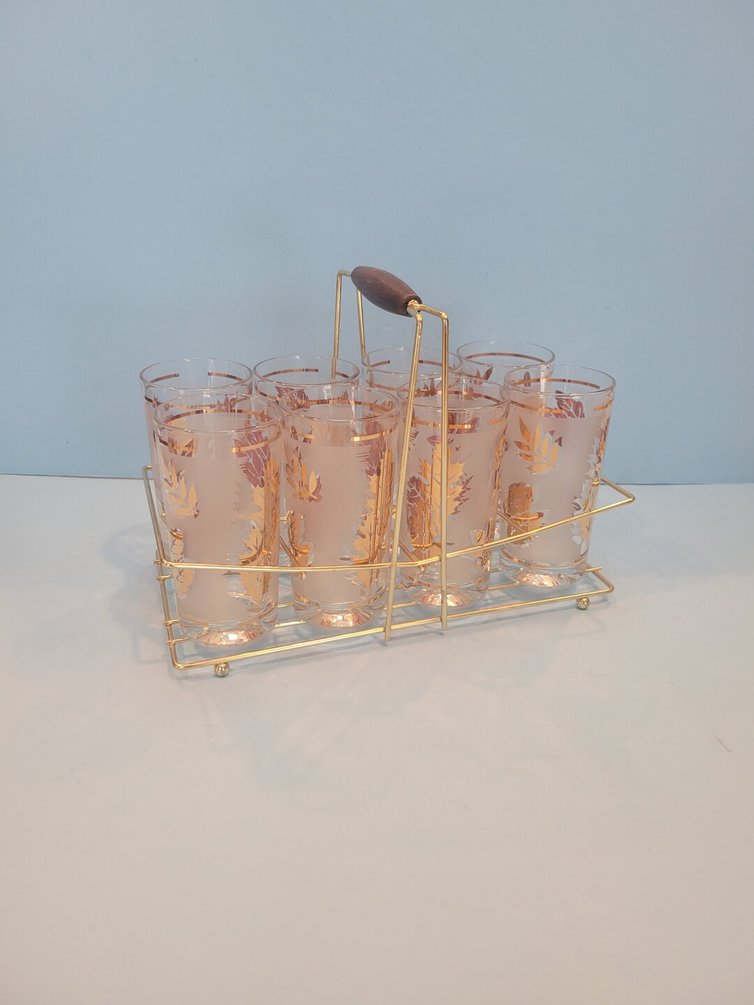 Vintage Libbey Gold Leaf Glassware in Gold Holder Etsy