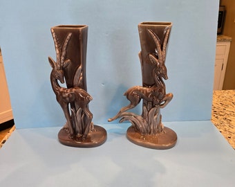 Vintage pair Royal Haeger Gazelle Vases in creamy grayish brown glaze
