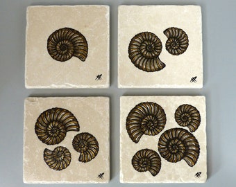 Hand painted botticino marble Grey Ammonite Coasters - set of 4