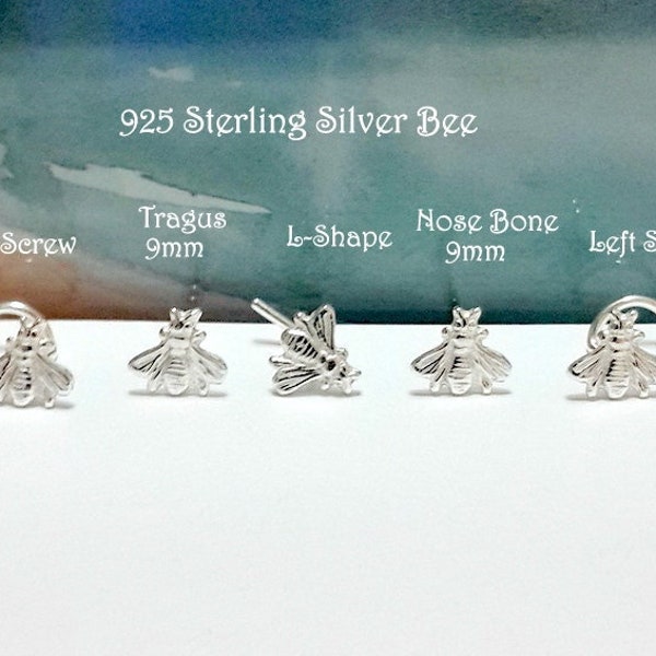 Bee 925 Sterling Silver stud 16g 18g 20g 22g,Silver Nose Screw,Nose Bone,L-Shaped,Tragus Stud,Right & Left Nostril,Halloween,Cyber Sale