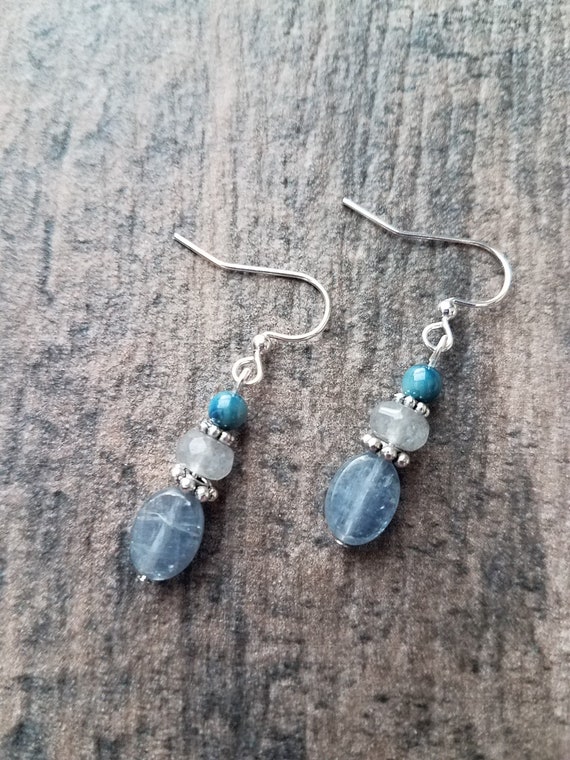 Sky Blue Quartz and Celtic Design Dangle Earrings Genuine Apatite