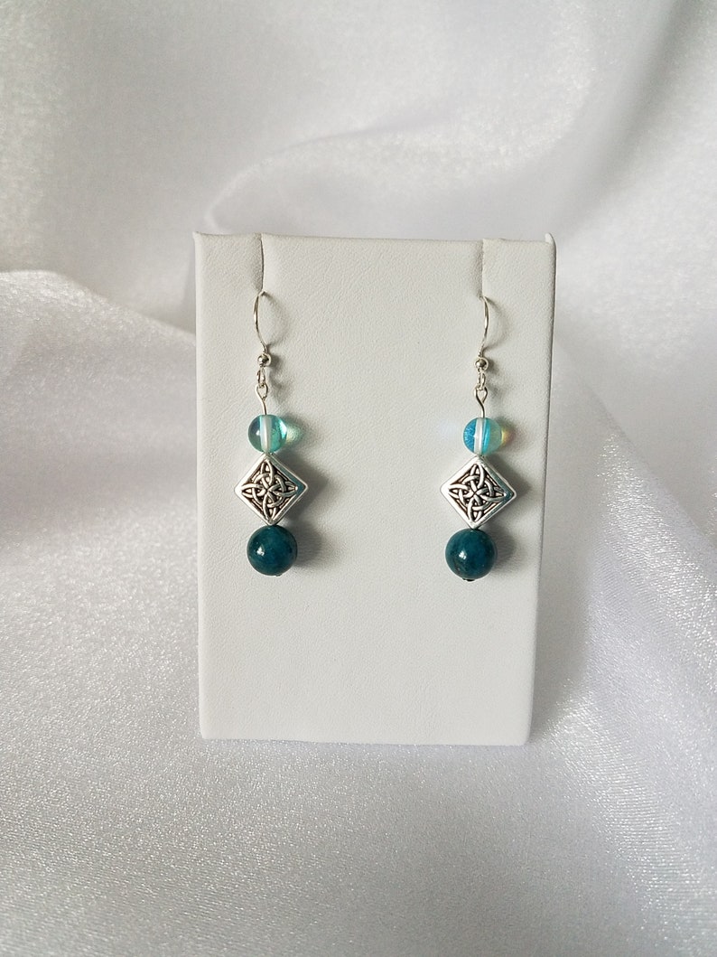 Sky Blue Quartz and Celtic Design Dangle Earrings Genuine Apatite