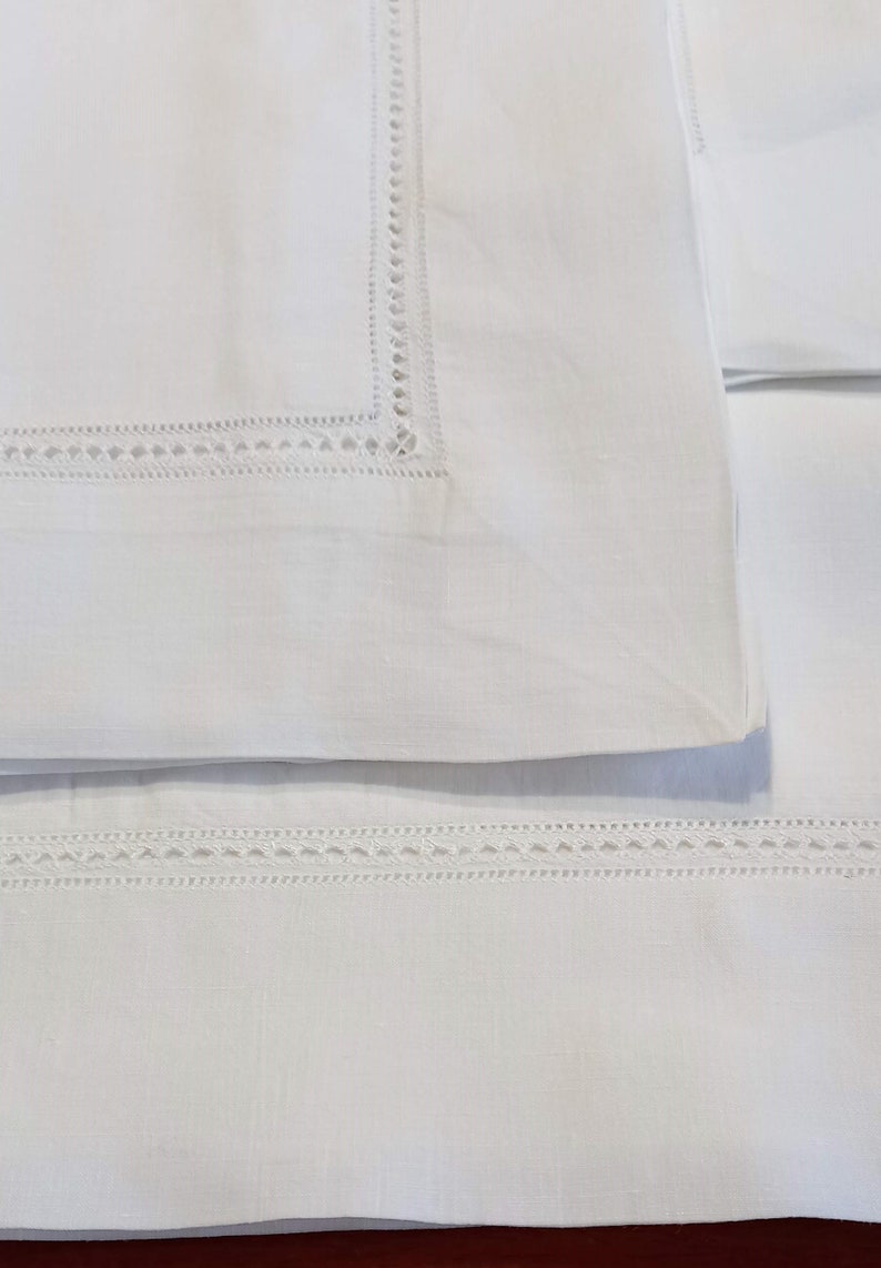 Complete Double Sheet in Pure White Linen. Edge Embroidered With