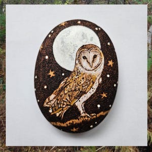 POWER PEBBLE - OWL - Decorative pyrography and hand painted wooden pebble. Inspirational, Talisman, Totem, Pagan, Druid, Wicca, Shaman.
