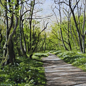 PEINTURE ORIGINALE - « Promenade dans les bois au printemps » - Beau paysage boisé peint à la main. De Goathland à Beckhole Woods, North York Moors.