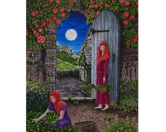 ORIGINAL PAINTING - 'Strawberry Moon'  Goddess, Priestess, Pagan Goddess, Fantasy, Mystical, Shaman, Druid, Full Moon, Avalon