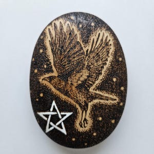 POWER PEBBLE - CROW - Decorative pyrography and hand painted wooden pebble. Inspirational, Talisman, Totem, Pagan, Druid, Wicca, Shaman.