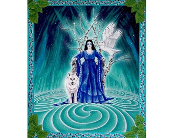 ORIGINAL PAINTING - 'Arianrhod'  Celtic Goddess, Celtic Priestess, Pagan Goddess, Fantasy, Mystical, Silver Birch, Owl, Wolf, Shaman, Druid