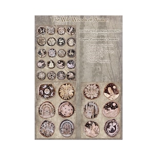 Pode incluir: Uma coleção de 35 amuletos circulares queimados em madeira com vários desenhos inspirados na natureza, incluindo árvores, corujas, lobos e fadas. Os amuletos são etiquetados como "The Wild Woods of Avalon Enchanted Embellishments Collection 'Pagan Pyrography Charms'".