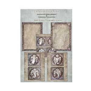 May include: A set of six printable digital images featuring Celtic knotwork designs with a medieval theme. The images are in shades of brown and white on a light blue background. The text 'The Wild Woods of Avalon Enchanted Embellishment & Parchment Collection 'Book of Kells Pyrography Charms' is at the top of the image.