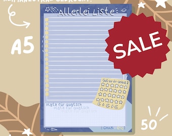 Allerlei Liste - DIN A5 Notizblock, 50 Blatt, 80gr, 100% Recyclingpapier, klimaneutral gedruckt