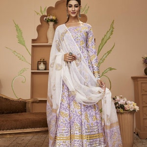 Lavender Floral Printed Anarkali Suit Set, Pure Cotton Kurta Pant Dupatta, Ethnic Wear for Women l Readymade suit set, Salwar kameez for her