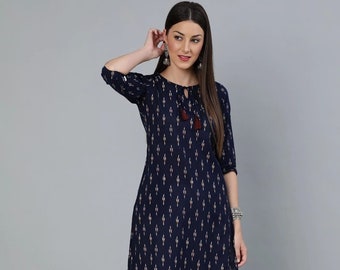Clothing Womens Clothing Blazers & Suits Navy Blue Ikat Hand Block  Kurta Royal Indian Dress for Women Bollywood Kurti Aline Kurta | Kurti for women in USA 