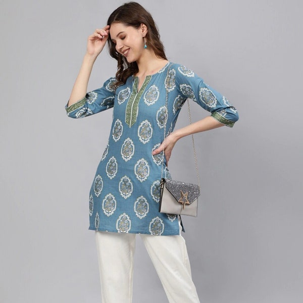 Bollywood Kurti | Blue Floral Hand Block Short Kurta | Kurti for women in USA | Indian Dress for Women | Tunic top for girls, short dresses