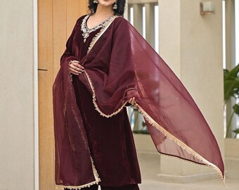 Wine Velvet Embroidered Salwar Kameez: Indian Kurta Palazzo Dupatta Set