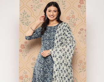 Bollywood Designer Kurti Set | Blue Hand Block Printed Cotton Anarkali Kurta with Pant & Dupatta | Salwar Kameez Readymade | Kurti for women