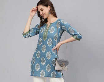 Bollywood Kurti | Blue Floral Hand Block Short Kurta | Kurti for women in USA | Indian Dress for Women | Tunic top for girls, short dresses