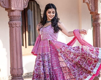 Bollywood Designer Kurti Set | Celebrity Inspired Pink Cotton Anarkali Sharara with Dupatta | Salwar Kameez | Indian Dress For Women