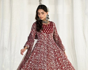 Bollywood Designer Kurti Set | Maroon Floral Printed Anarkali Kurta Trouser with Dupatta |Kurti palazzo set| Wedding Salwar Kameez for Women