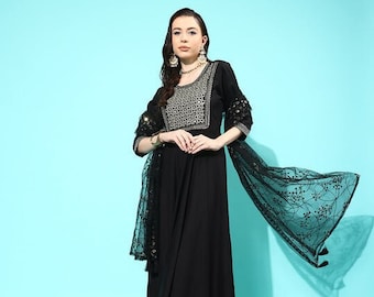 Bollywood Designer Kurti | Black Geometric Embroidered aline dress with Dupatta | Evening maxi Length Readymade Dress | Partywear Dress