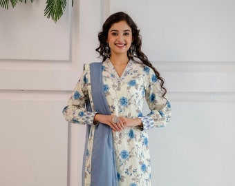 Bollywood Designer Kurti Set | Blue floral Hand block kurti palazzo Dupatta set | Casual wear Readymade Salwar Kameez | Kurti for women