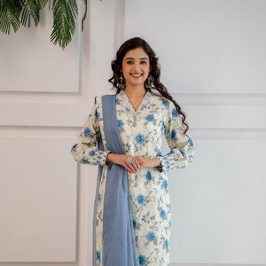 Bollywood Designer Kurti Set Blue floral Hand block kurti palazzo Dupatta set Casual wear Readymade Salwar Kameez Kurti for women image 1