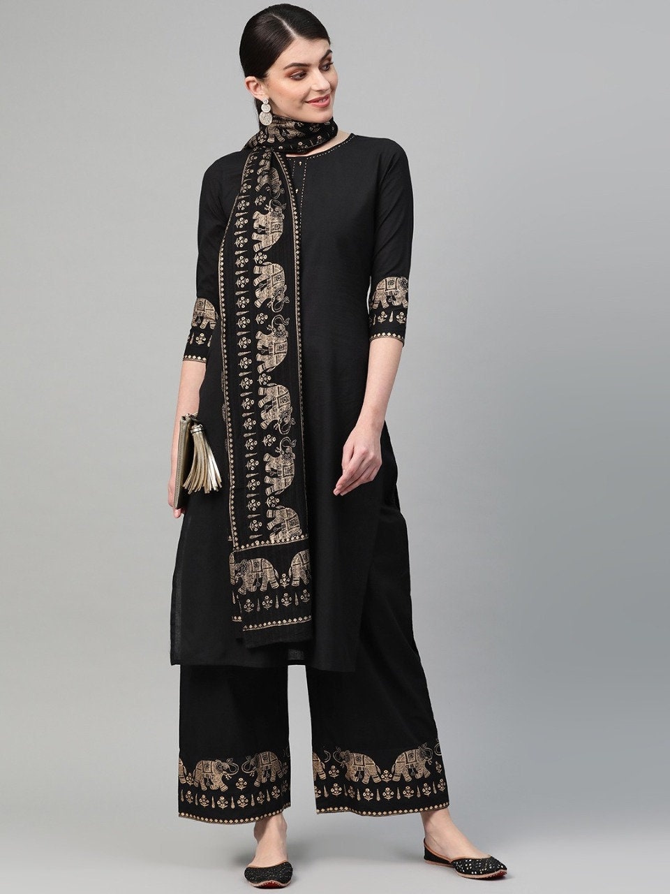 black kurti with palazzo and dupatta
