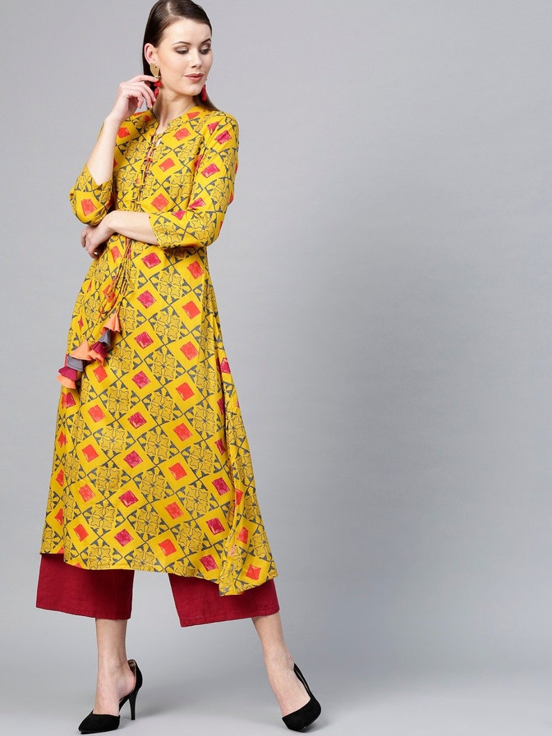 Bollywood Indian Mustard Yellow and Grey Colored Straight Kurta Indian Ethnic wear Shop Online for Women Geometric Print Kurta for Women
