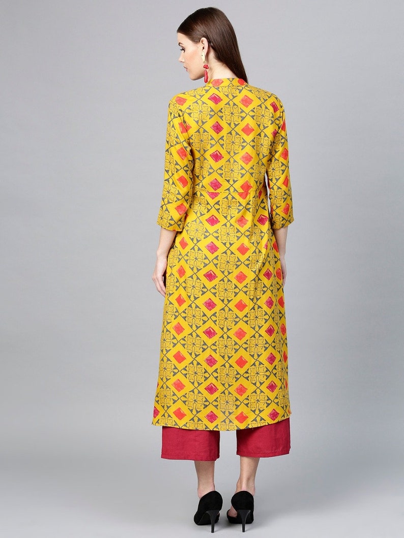 Bollywood Indian Mustard Yellow and Grey Colored Straight Kurta Indian Ethnic wear Shop Online for Women Geometric Print Kurta for Women