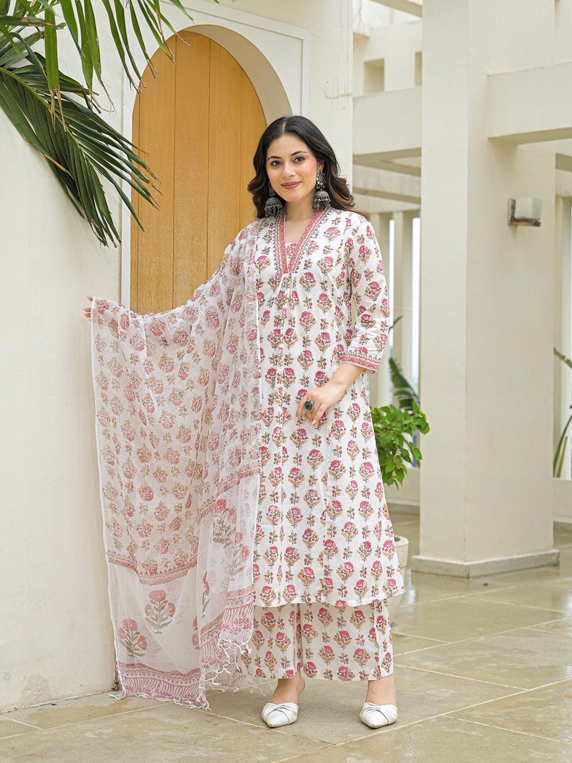 Babyhug Cotton Full Sleeves Kurta With Dhoti Floral Print & Embroidery - White & Purple main image 0