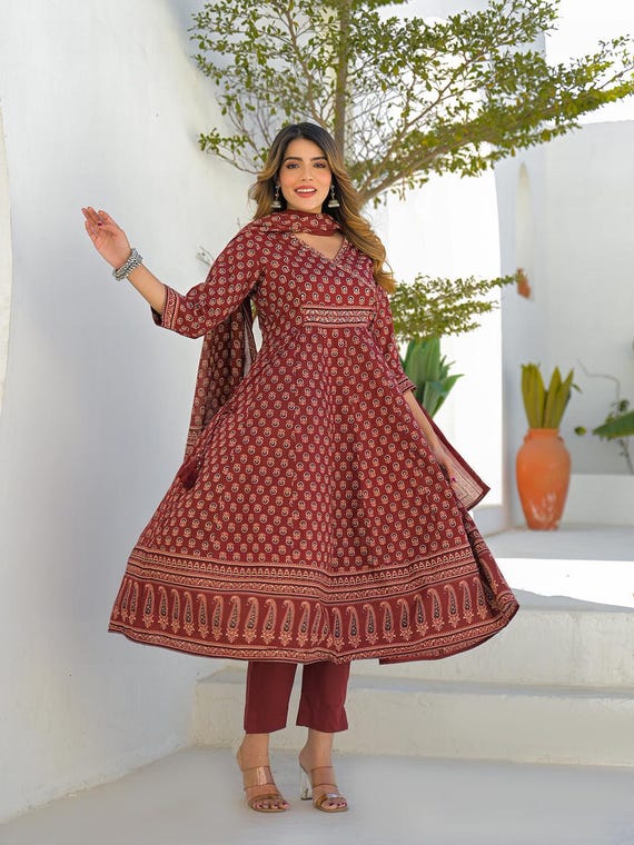 jaipuri cotton dress with dupatta JAIPURI HAND BLOCK COTTON ANARKALI SET WITH SOFT NET DUPATTA