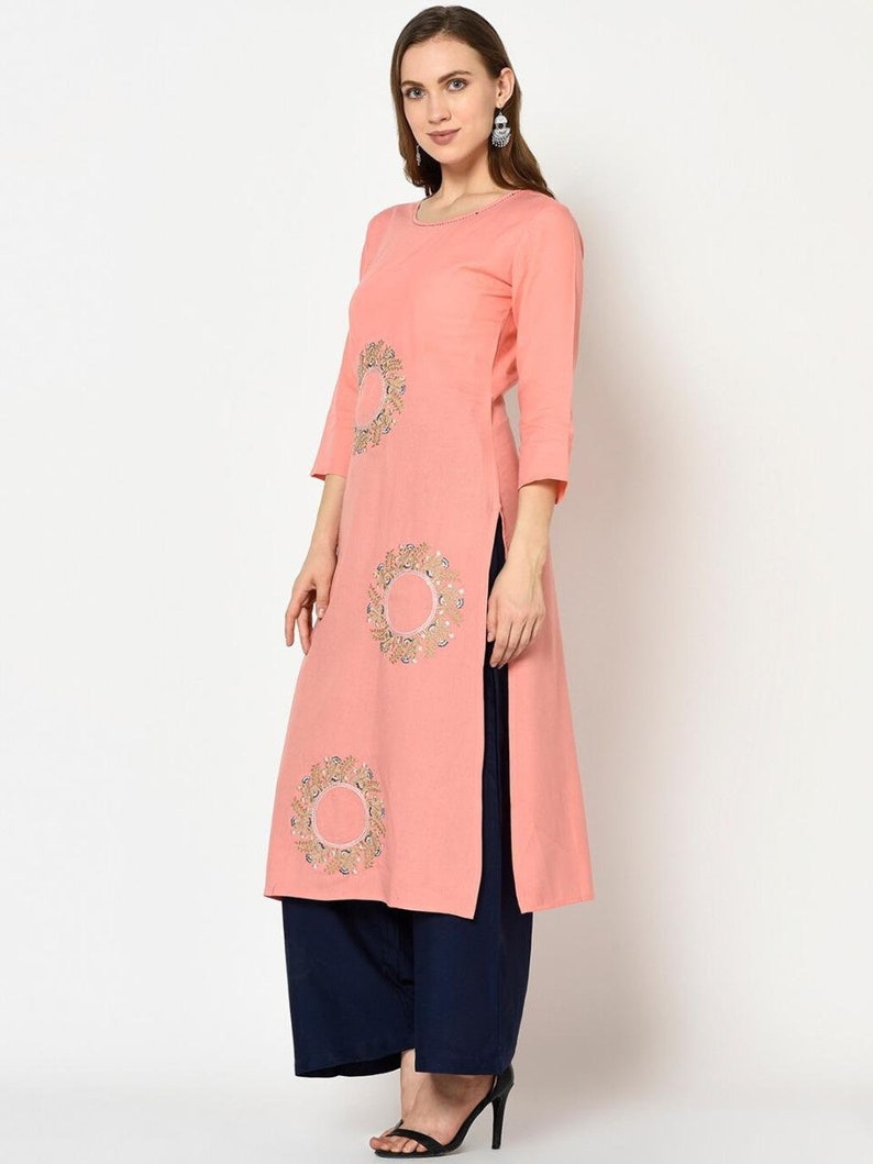 Printed Straight Ethnic Kurta Bollywood Bollywood Women Peach Straight Kurta handmade Kurta with Gotta Patti Bollywood with Indian