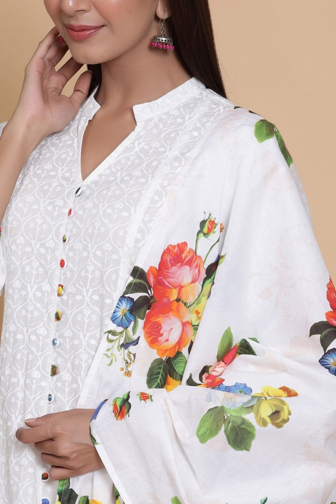 Women Floral White Cotton Suit Set Indian handmade Etsy