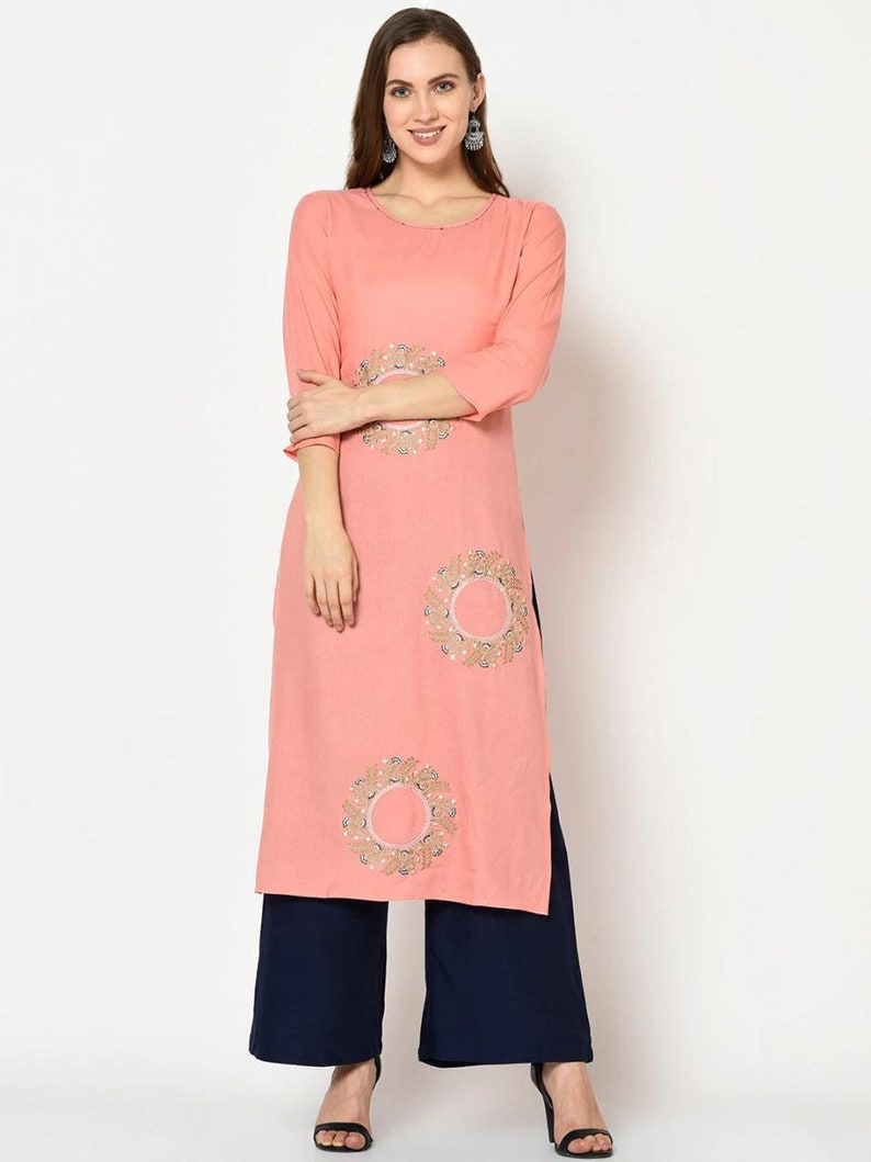 Printed Straight Ethnic Kurta Bollywood Bollywood Women Peach Straight Kurta handmade Kurta with Gotta Patti Bollywood with Indian