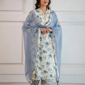 Bollywood Designer Kurti Set Blue floral Hand block kurti palazzo Dupatta set Casual wear Readymade Salwar Kameez Kurti for women image 10