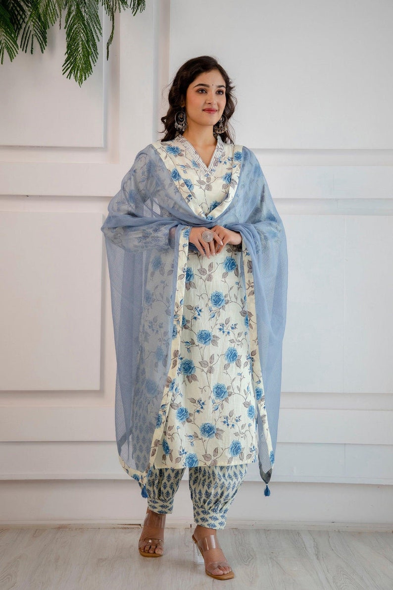 Bollywood Designer Kurti Set Blue floral Hand block kurti palazzo Dupatta set Casual wear Readymade Salwar Kameez Kurti for women image 10